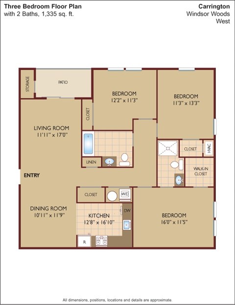 Floor plan for 3 beds, 2 baths, 1275 sqft